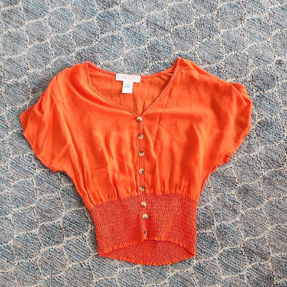 Zara Orange Smocked Puff Sleeve Crop Top